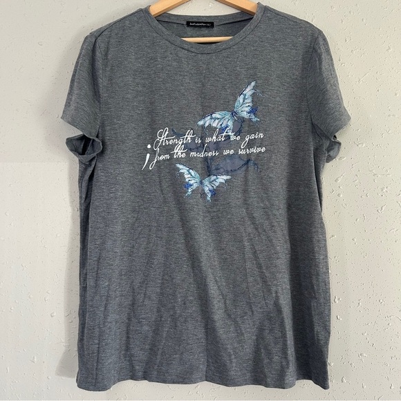 Gray T-Shirt with Blue Butterfly Design Casual Tee Comfy XL - Picture 1 of 5